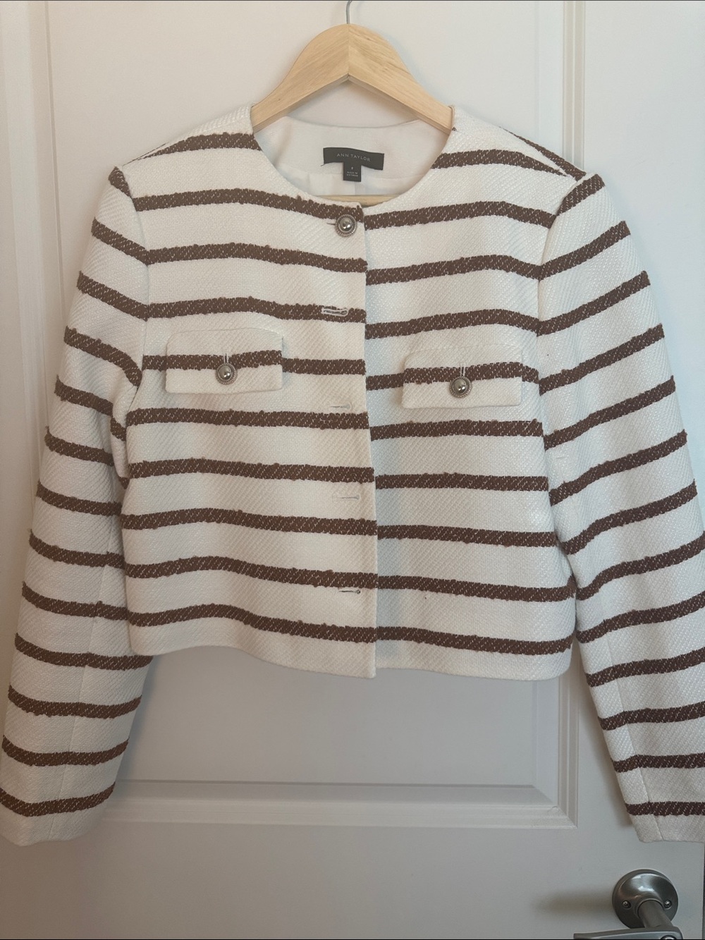 Ann Taylor Cream and Brown Striped Cropped Blazer